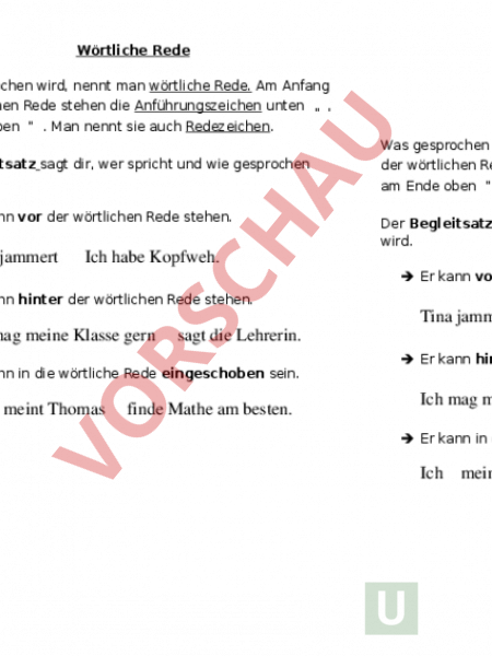 Arbeitsblatt Wörtliche Rede
 Arbeitsblatt Wörtliche Rede Deutsch Grammatik