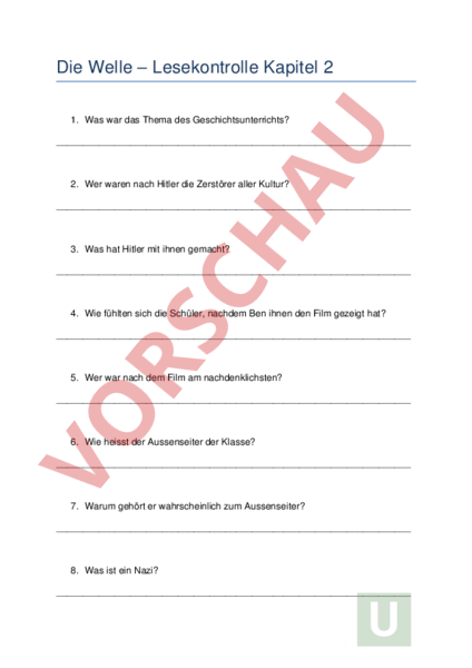 Die Welle Arbeitsblätter
 Arbeitsblatt Die Welle Lesekontrolle Kapitel 2 Deutsch Textverständnis