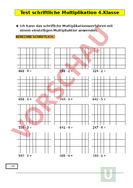 Arbeitsblatt: Test Einführung schriftliche Multiplikation - Mathematik