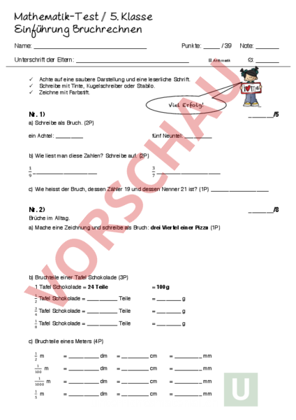 Arbeitsblatt Test Einfuhrung Bruche Mathematik Bruche Dezimalzahlen