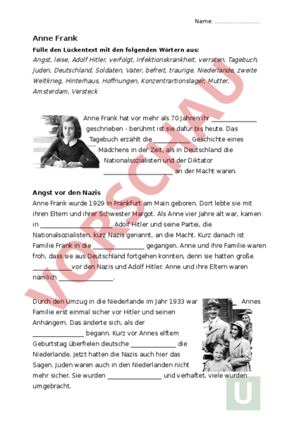 Charakterisierung Von Anne Frank Arbeitsblatt: Anne Frank Biografie - Lebenskunde - Religionslehre / Bibel