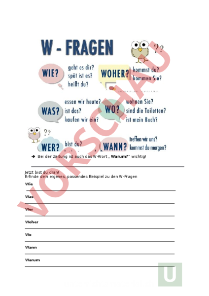 Arbeitsblatt: W-Fragen - Deutsch - Gemischte Themen