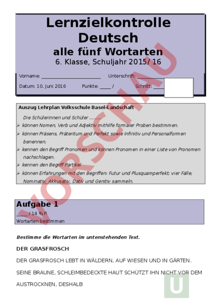 Arbeitsblatt: Test alle Wortarten - Deutsch - Grammatik