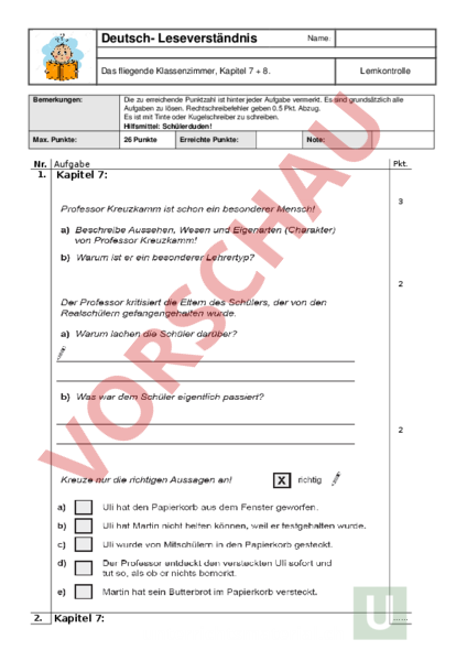 Das Fliegende Klassenzimmer Arbeitsblätter Lösungen Arbeitsblatt: Das fliegende Klassenzimmer - Deutsch - Textverständnis