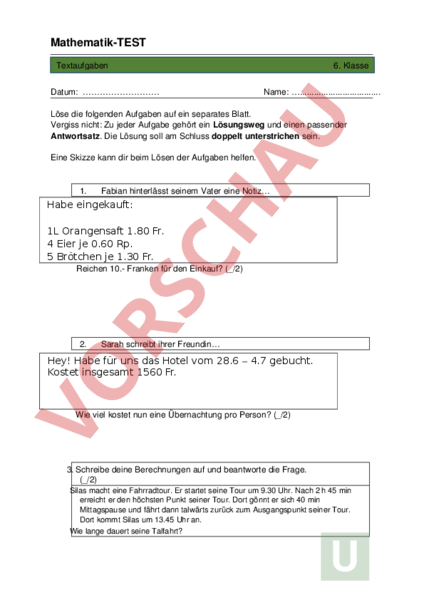Arbeitsblatt Textaufgaben Test Mathematik Satzaufgaben