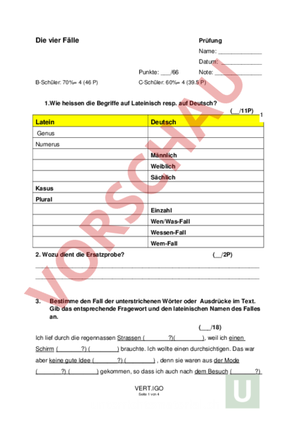 Arbeitsblatt: vier Fälle/Prüfung - Deutsch - Grammatik