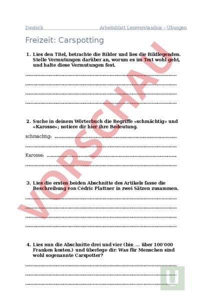 Arbeitsblatt: Leseverständnis - Deutsch - Textverständnis
