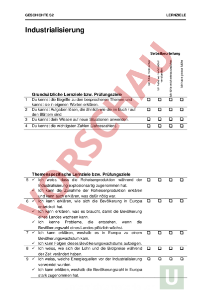 Arbeitsblatt Lernziele Industrialisierung Geschichte Neuzeit