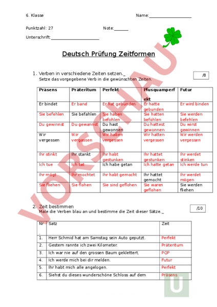 Arbeitsblatt: Zeitformen - Deutsch - Grammatik