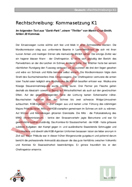 Arbeitsblatt: Kommasetzung - Deutsch - Grammatik