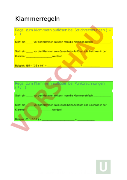 Arbeitsblatt Klammerregel Mathematik Gemischte Themen