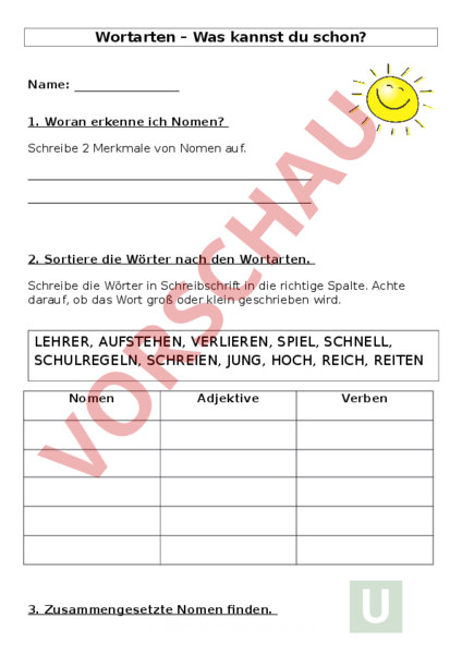 Arbeitsblatt: Sprachkundetest Klasse 2 Wortarten - Deutsch - Grammatik