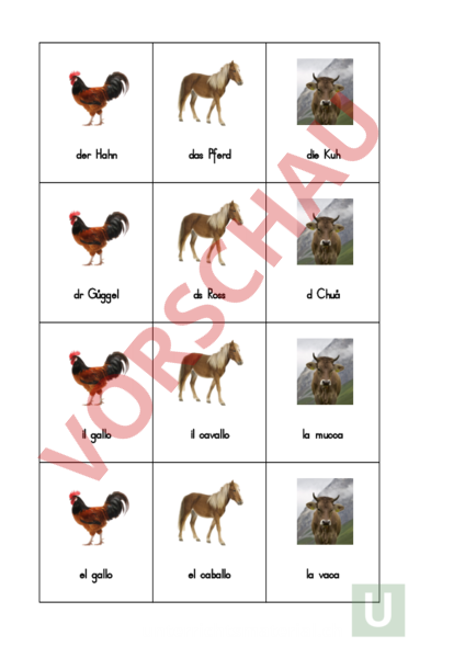 Arbeitsblatt: Memory zu Hahn, Pferd und Kuh - Deutsch - Anderes Thema