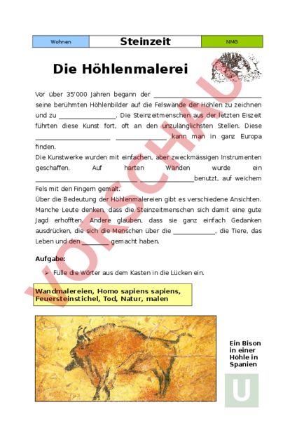 Höhlenmalerei Unterrichtsmaterial
 Arbeitsblatt Höhlenmalerei Geschichte Urzeit