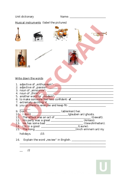 Arbeitsblatt Unit Dictionary Englisch Lehrmittel