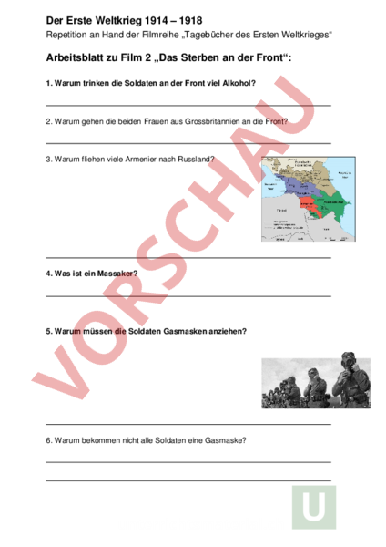Arbeitsblatt: Tagebücher des 1. Weltkrieges - Geschichte - Neuzeit