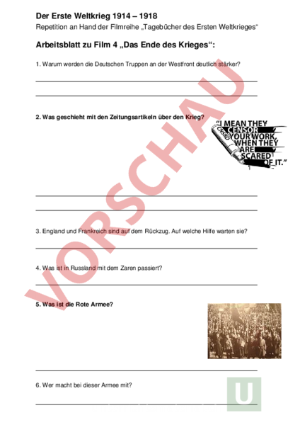Arbeitsblatt: Tagebücher des 1. Weltkrieges - Geschichte - Neuzeit