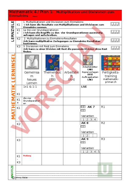 Arbeitsblatt Mathematik 4 Plan 1 Multiplikation Und Divisionen