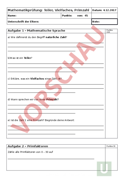 Arbeitsblatt: Prüfung Kapitel 2c - Mathematik - Gemischte Themen