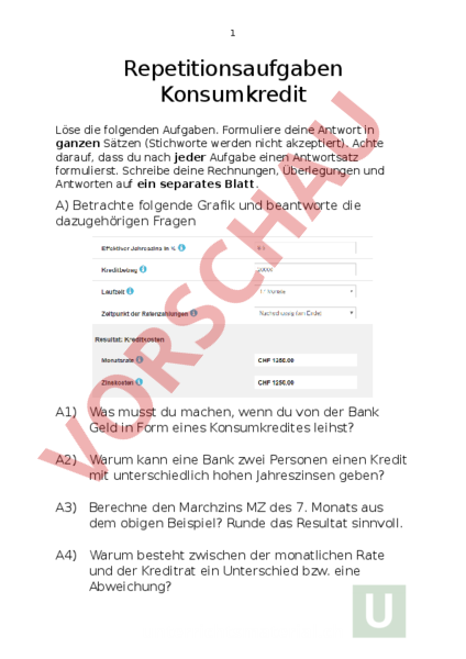 Arbeitsblatt Konsumkredit Mathematik Anderes Thema