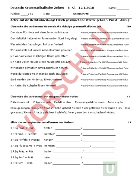 Arbeitsblatt Prufung Grammatikalische Zeiten Deutsch Grammatik