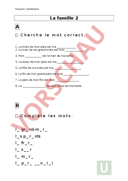 Arbeitsblatt la famille Französisch Wortschatz