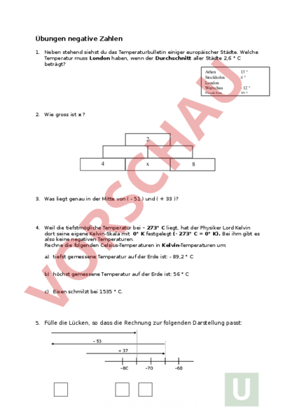 Arbeitsblatt: negative Zahlen - Mathematik - Gemischte Themen