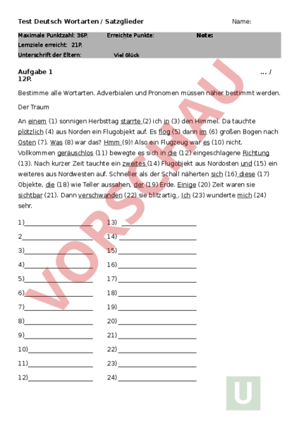 Arbeitsblatt: Test Wortarten und Satzglieder - Deutsch - Grammatik