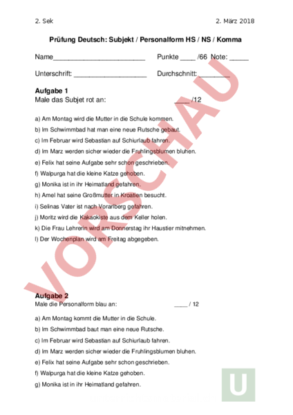 Arbeitsblatt: Deutsch Prüfung Satzbau Komma - Deutsch - Grammatik