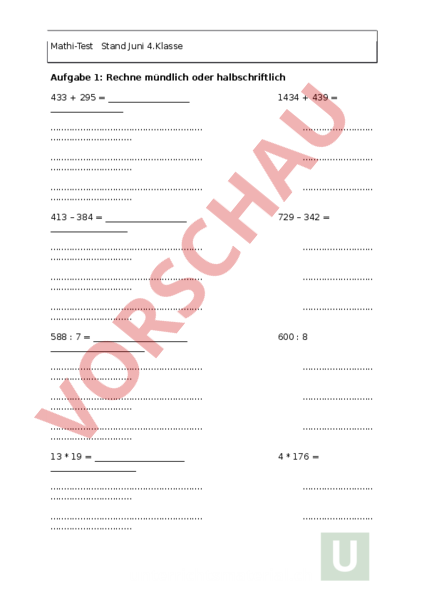 Arbeitsblatt: Mathe Test über den Stoff der 4. Klasse - Mathematik