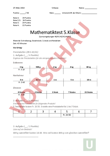 Arbeitsblatt: Mathematiktest 5.Klasse (Preisberechnungen ...