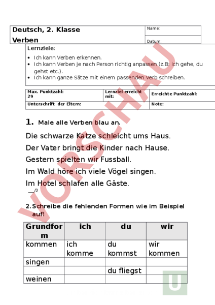 Arbeitsblatt: Verben Prüfung 2. Klasse - Deutsch - Grammatik