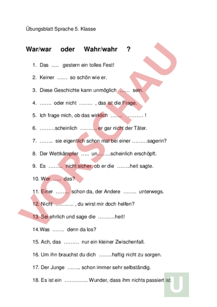 Arbeitsblatt: War/wahr - Deutsch - Rechtschreibung
