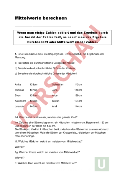 Arbeitsblatt Mittelwerte Berechnen Mathematik Sachrechnen Grossen