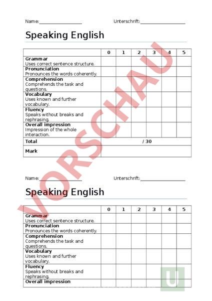Bewertungsraster Englisch Sek I Arbeitsblatt: Beurteilungsraster Speaking EN - Englisch - Anderes Thema