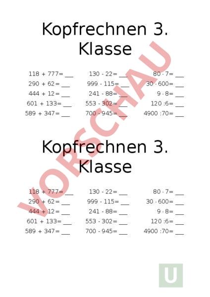 Arbeitsblatt: Kopfrechnen - Mathematik - Gemischte Themen