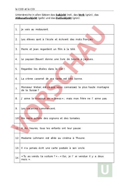 Arbeitsblatt: Grammaire française: sujet - verbe - COD - COI ...