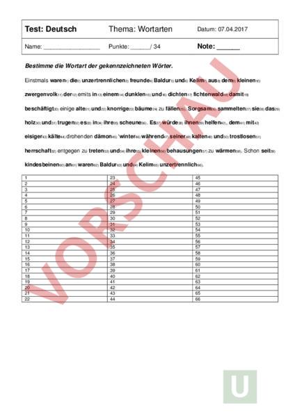 Arbeitsblatt: Test 5 Wortarten - Deutsch - Grammatik