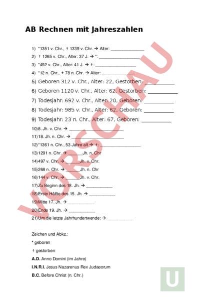 Arbeitsblatt: Rechnen mit Jahreszahlen - Geschichte - Gemischte Themen