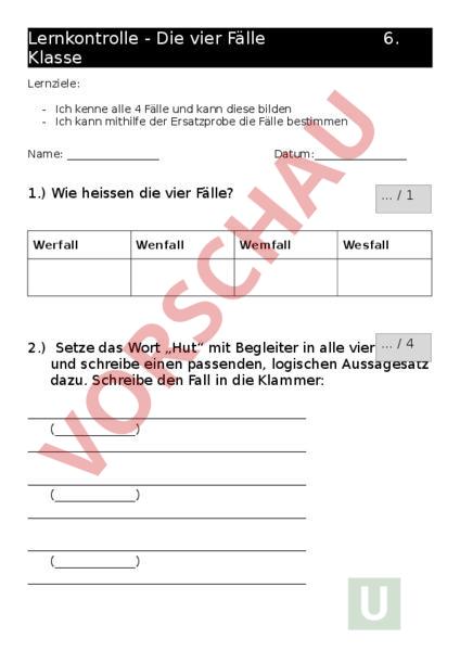 Arbeitsblatt: 4 Fälle - Deutsch - Grammatik