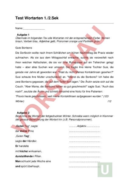 Arbeitsblatt: Test Wortarten - Deutsch - Grammatik