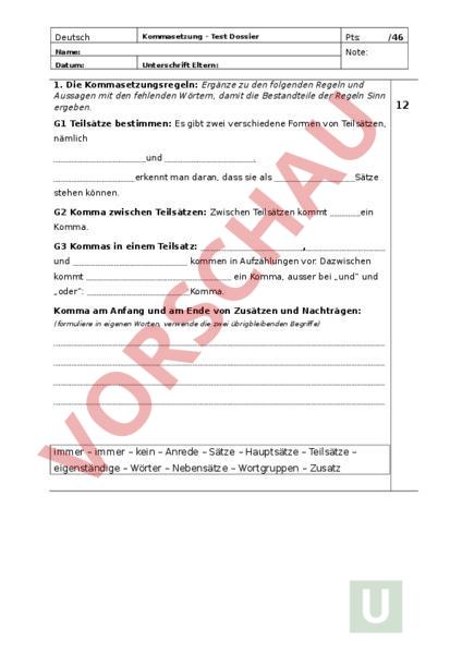 Arbeitsblatt Test Kommaregeln Deutsch Rechtschreibung