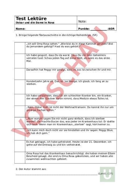 Oskar Und Die Dame In Rosa Unterrichtsmaterial Arbeitsblatt: Lektüretest Oskar und die Dame in Rosa - Deutsch