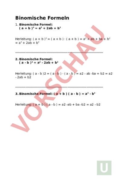 Arbeitsblatt Binomische Formeln Mathematik Anderes Thema