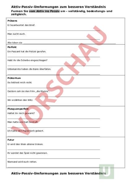 Arbeitsblatt Aktiv Passiv
 Arbeitsblatt Aktiv Passiv Umformung Deutsch Grammatik