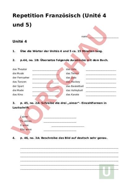 Arbeitsblatt: Unité 4 und 5 - Französisch - Lehrmittel
