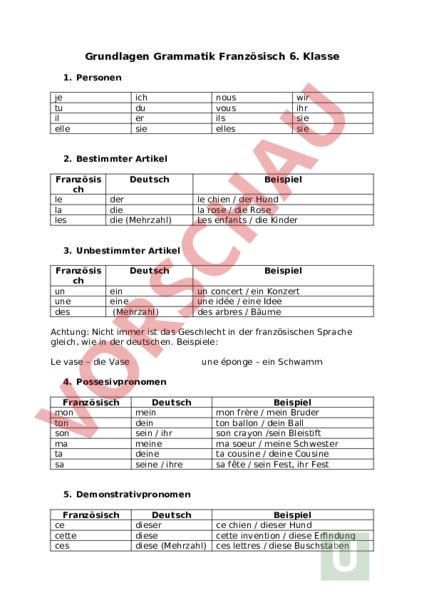 Arbeitsblatt: Grundlagen Grammatik 6. Klasse - Französisch - Grammatik
