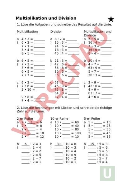 Arbeitsblatt: Übungen Multiplikation und Division EA - Mathematik