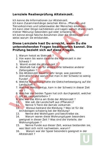 Arbeitsblatt Altsteinzeit 27 Fragen Und Lernziele Geschichte