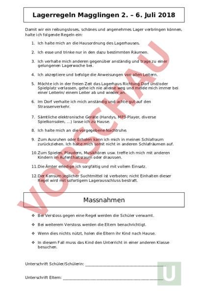 Arbeitsblatt Klassenlager Regeln Administration Methodik